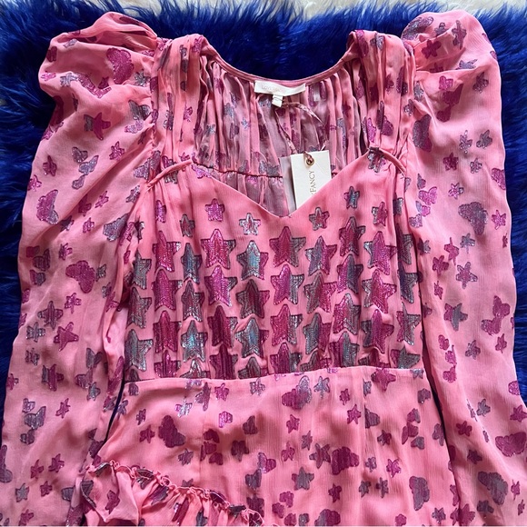 New! LoveShackFancy Caden Metallic Star Silk Dress in Pink - Picture 7 of 14